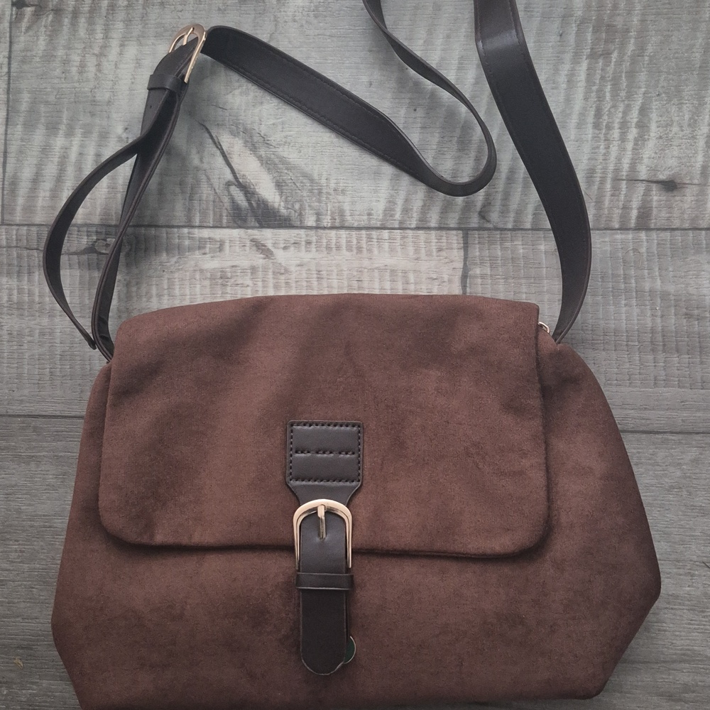 Commense Faux Suede Shoulder Bag  Buckle Strap Brown NWT - Picture 8 of 11